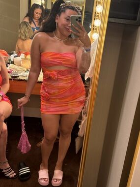 Fashion Nova Strapless Pink-Orange Tie-Dye Cutout Mini Dress
